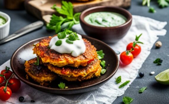 Süßkartoffel-Zucchini Rösti mit Kräuterdip